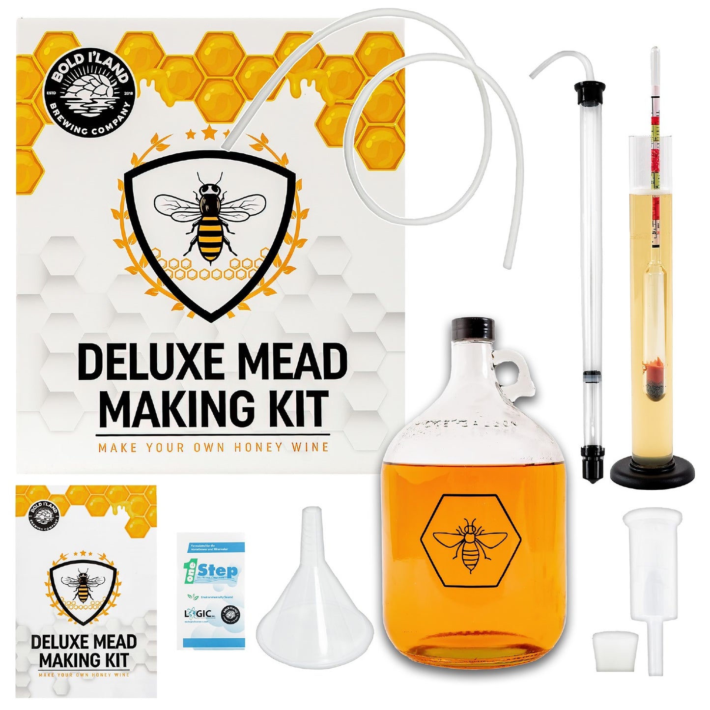 Deluxe mead making kit contents displayed, including a fermentation jar, tools, and a guide with a honeycomb pattern background.