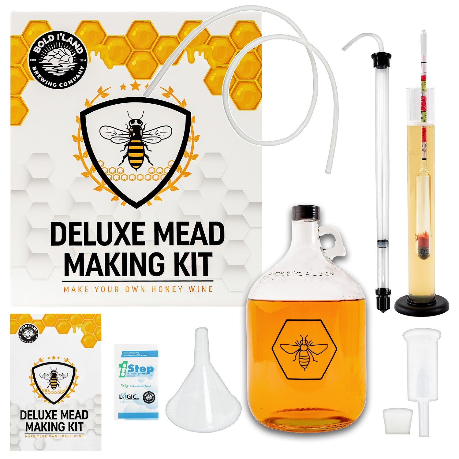 Deluxe mead making kit contents displayed, including a fermentation jar, tools, and a guide with a honeycomb pattern background.